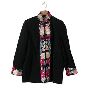 Vintage Zelda Black Floral Embroidered Crepe Jacket Oriental Asian Style Size 6